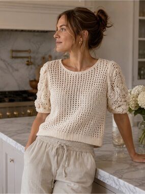Stella Pardo Paris Crochet Puff Sleeve Knit Top Cream Cotton XS Handmade Boho
